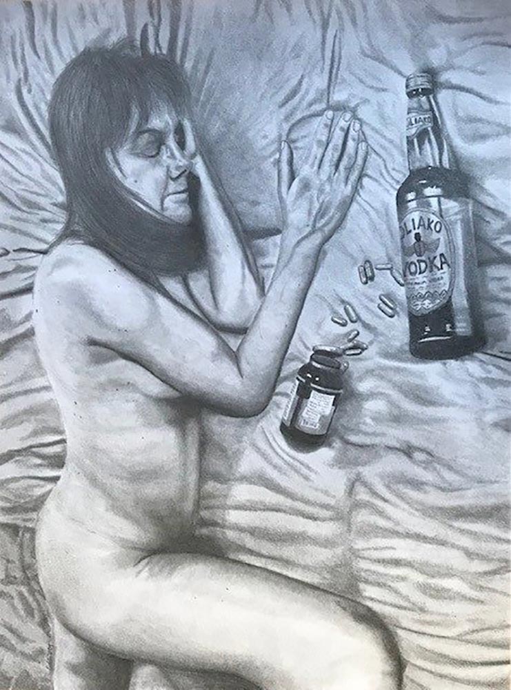 An illustration of woman lying with a bottle of open pills and a vodka bottle next to her