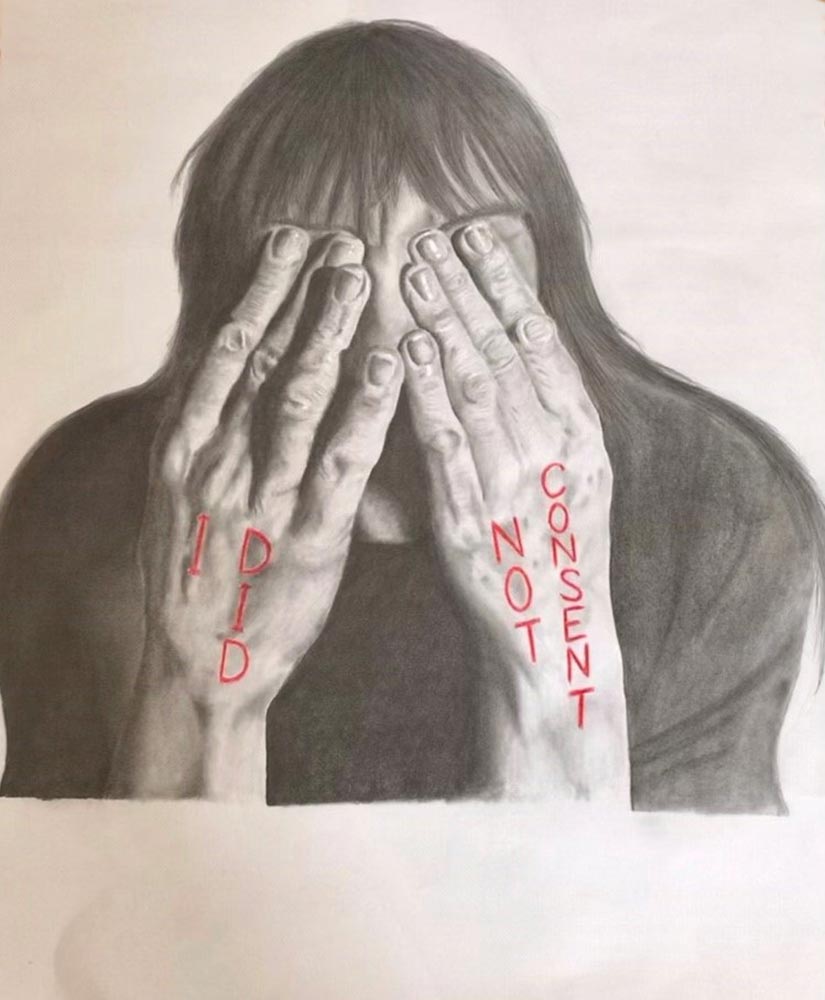 Illustration of someone with hands over their face. On their hands it says 'I did not consent'