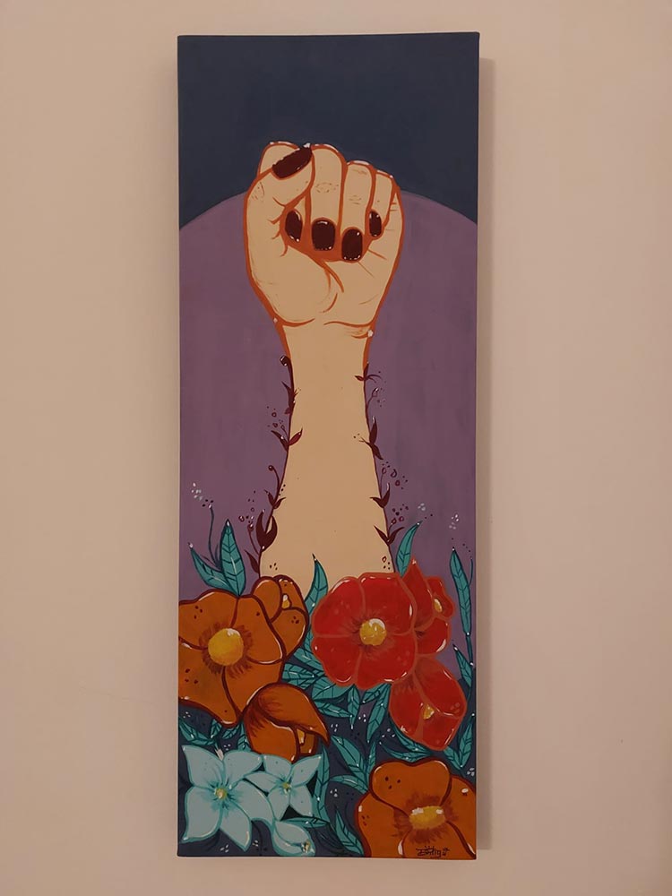 Illustration of an arm ascending from flowers