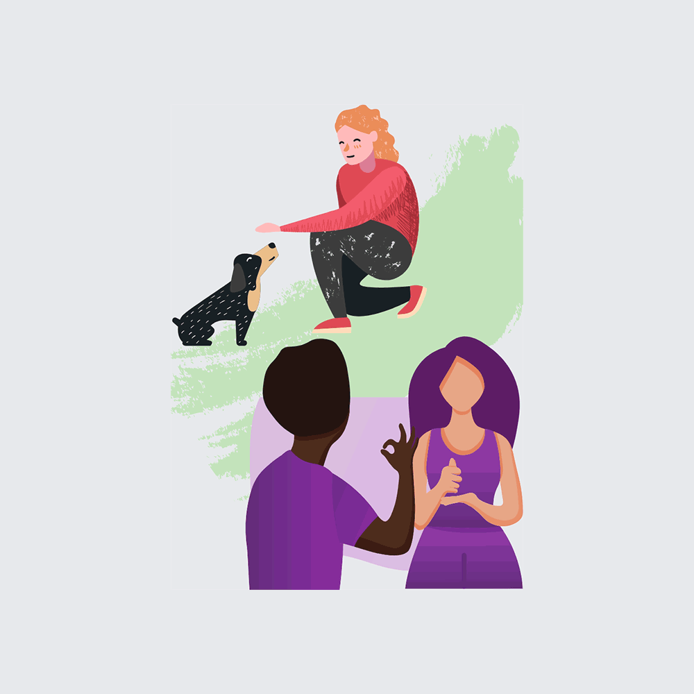 Illustration of people and a dog
