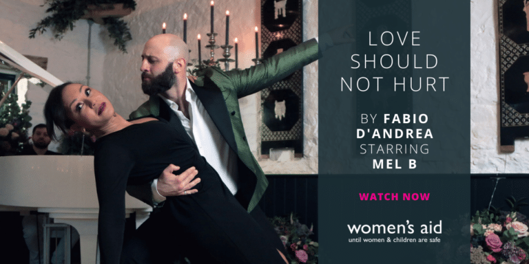 Mel B dancing with man and copy: 'Love Should Not Hurt by Fabio D'Andrea starring Mel B Watch Now' and Women's Aid logo
